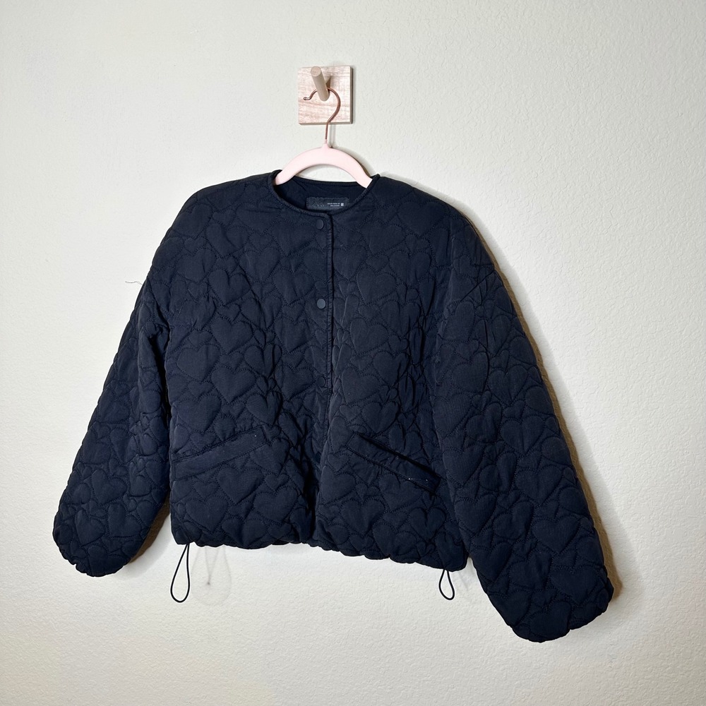 Zara Black Heart Quilted Jacket Snap Front Drawstring Hem Womens XS